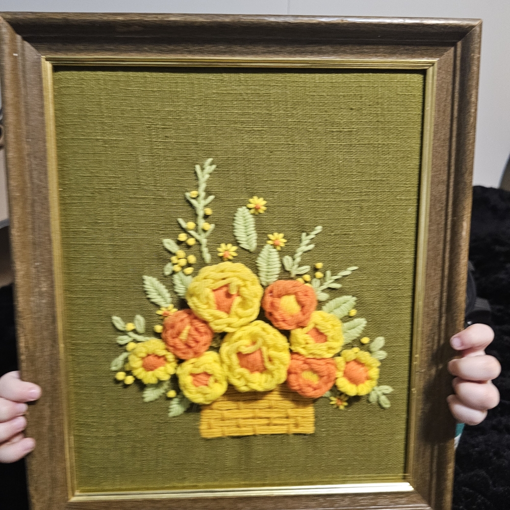 1970s Crewel Embroidery Flower Basket Finished Stunning Details - Framed
